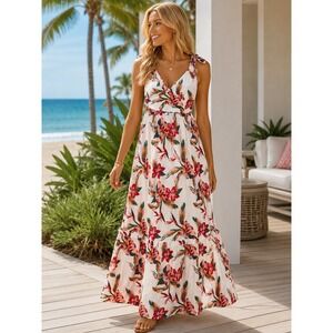 Roxy Womens Tropical Floral Tiered Maxi Dress White Red Green Small RN114199